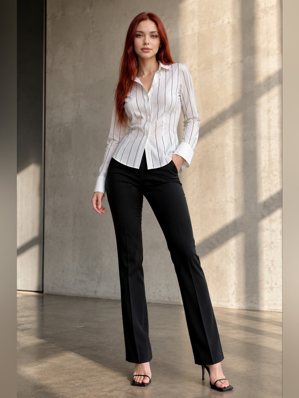 Anne Fontaine Paris Size 4 White Black Pinstripe Tailored Statement Cuff Shirt C